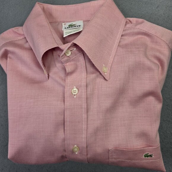 Lacoste Shirt Men 42 Large Red Micro Check Button Down Long Sleeve France Preppy - Picture 7 of 13